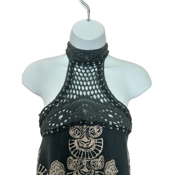 Free People Mandolin Crochet Boho Blouse Sz XS Gray High Neck Tank Top Linen - Picture 8 of 10